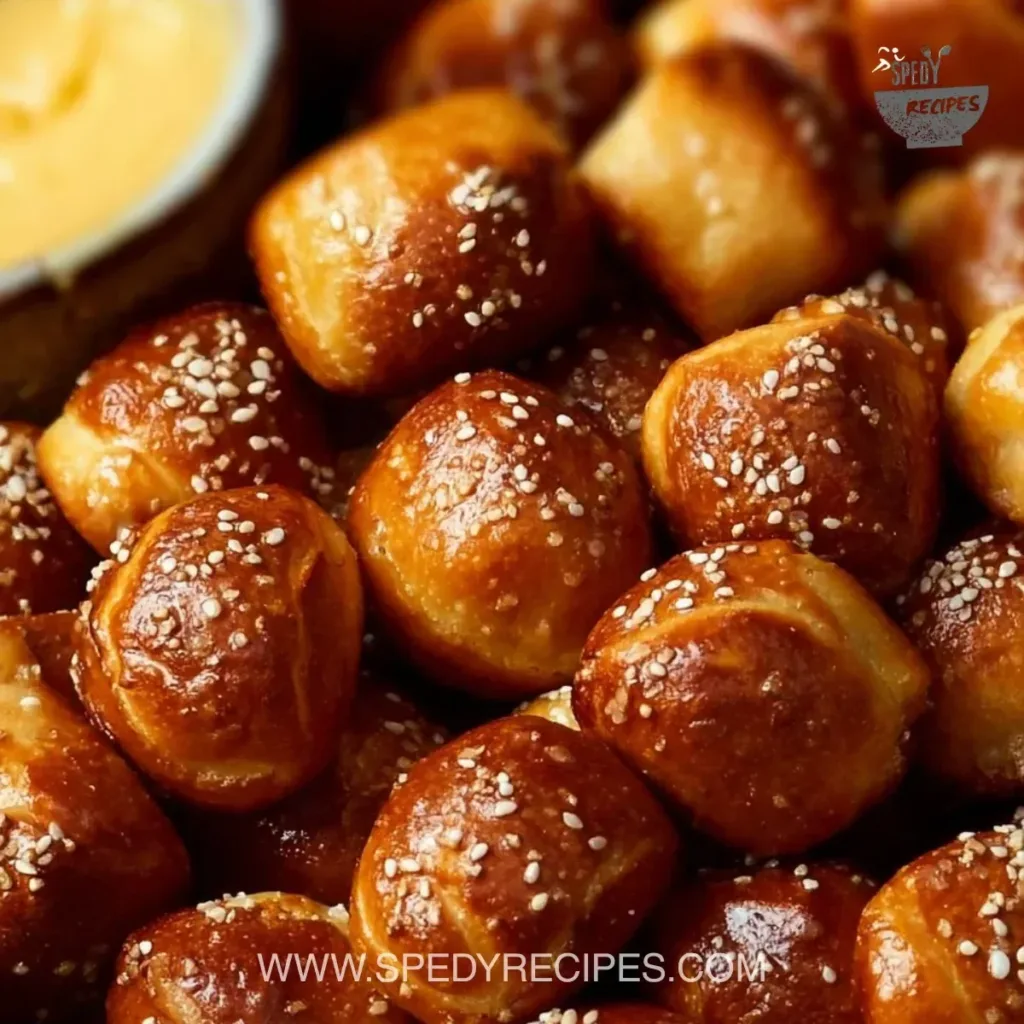 A plate of freshly baked pretzel bites on a wooden table.