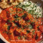 A plate of delicious homemade butter chicken served with rice and naan.