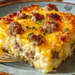 Sausage, Egg, and Cream Cheese Hashbrown Casserole served in a baking dish