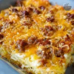 Sausage Hash Brown Breakfast Casserole topped with cheese and herbs