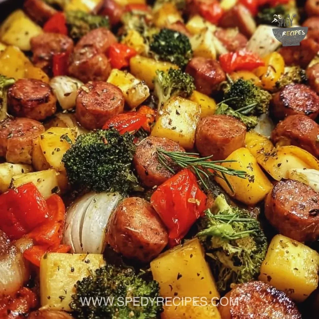 Sheet Pan Sausage and Veggies: A Simple Delight! Colorful sheet pan sausage and veggies dish ready to be served.