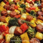Colorful sheet pan sausage and veggies dish ready to be served.