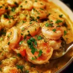 Delicious shrimp casserole served in a baking dish with fresh herbs