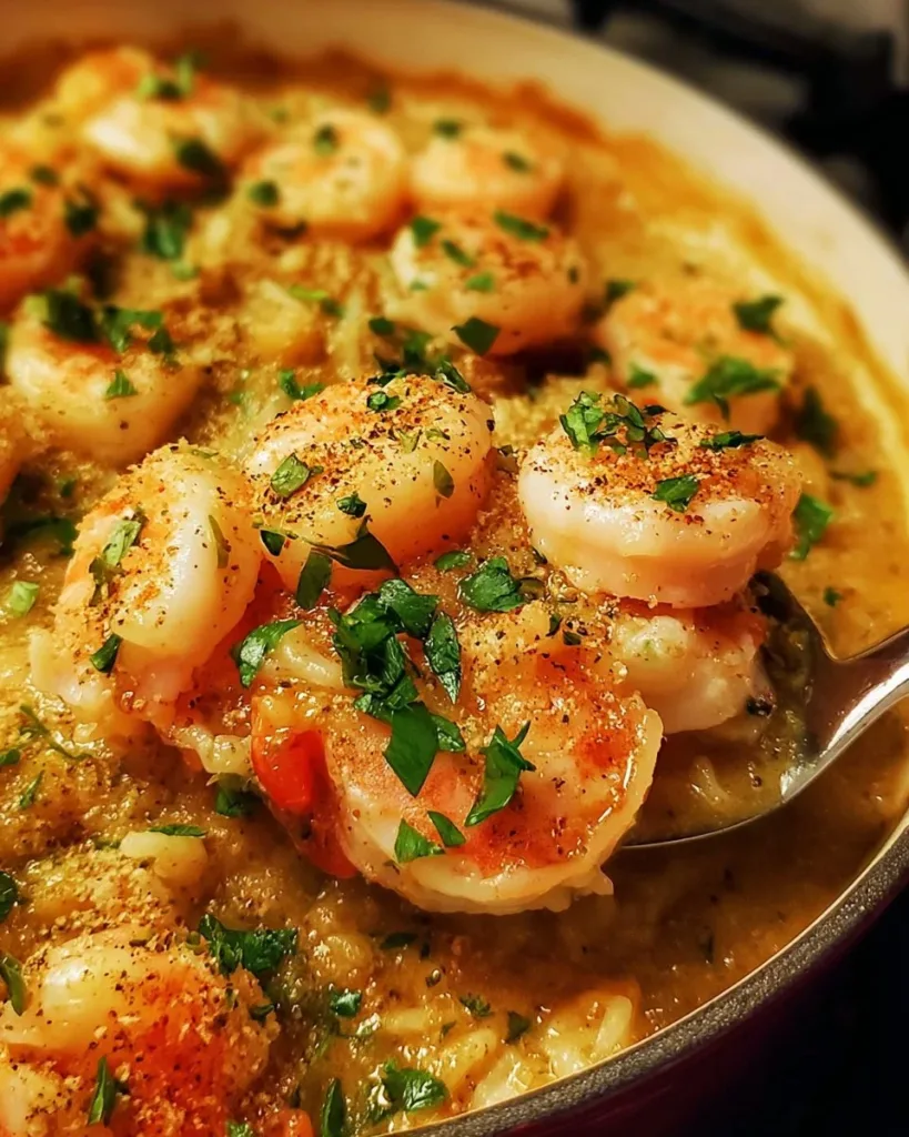 Delicious shrimp casserole served in a baking dish with fresh herbs