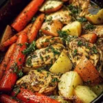 Slow Cooker Garlic Butter Chicken and colorful veggies ready to serve