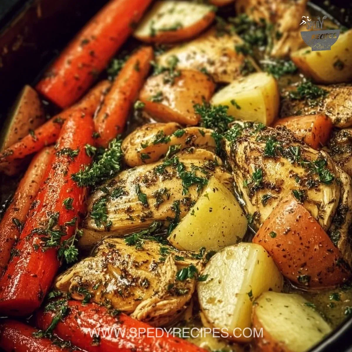 Slow Cooker Garlic Butter Chicken and colorful veggies ready to serve