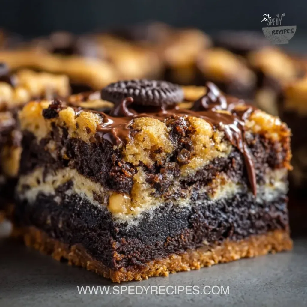 Slutty Brownies Decadent slutty brownies with layers of cookie dough and Oreos