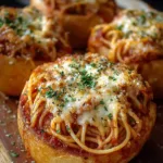Spaghetti garlic bread bowls filled with pasta and topped with fresh herbs and cheese.