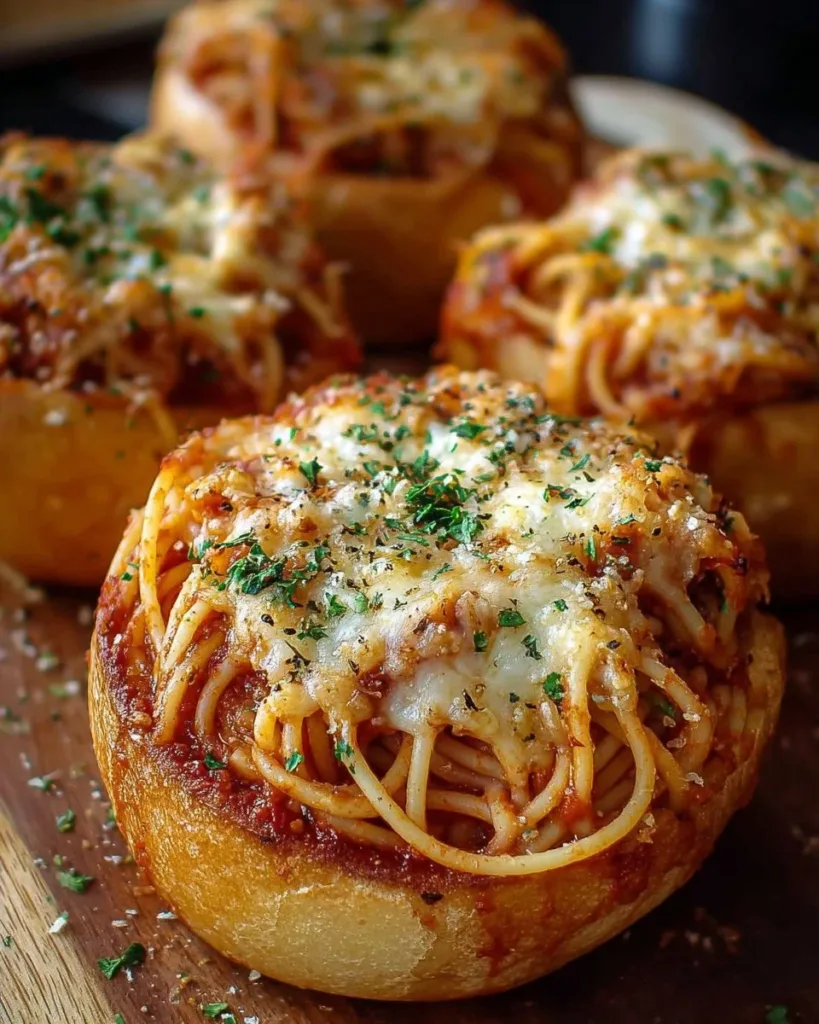 Spaghetti Garlic Bread Bowls Spaghetti garlic bread bowls filled with pasta and topped with fresh herbs and cheese.