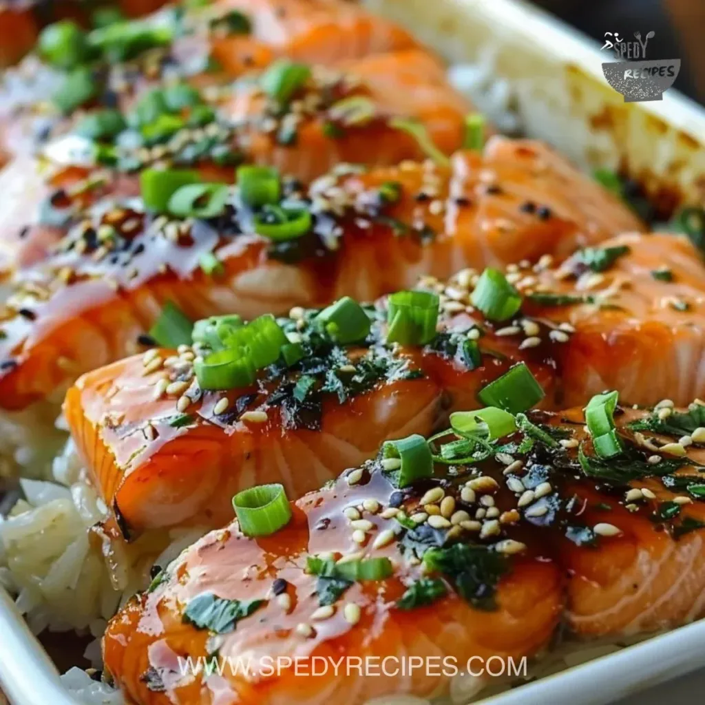 Spicy Salmon Sushi Bake Recipe Delicious Spicy Salmon Sushi Bake served in a dish, garnished and ready to eat