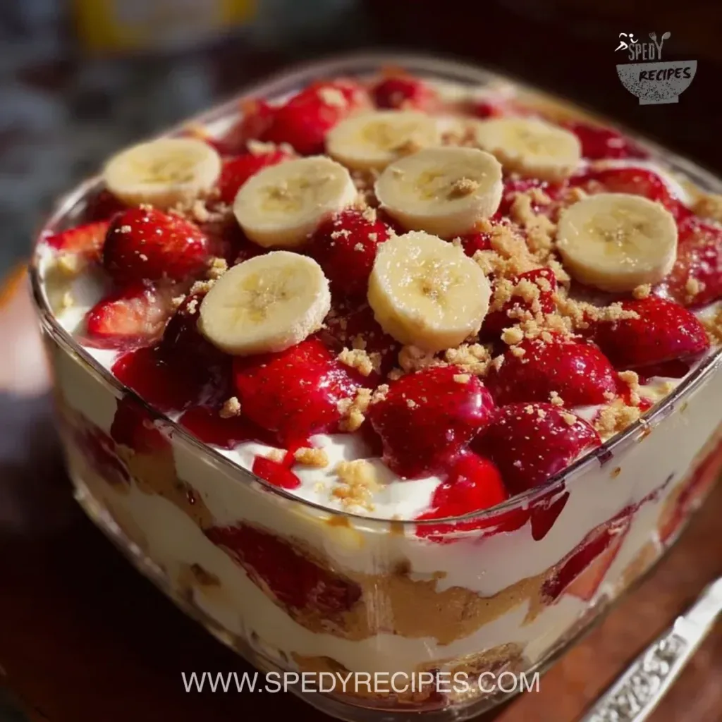 Creamy Strawberry Banana Pudding topped with fresh strawberries and bananas