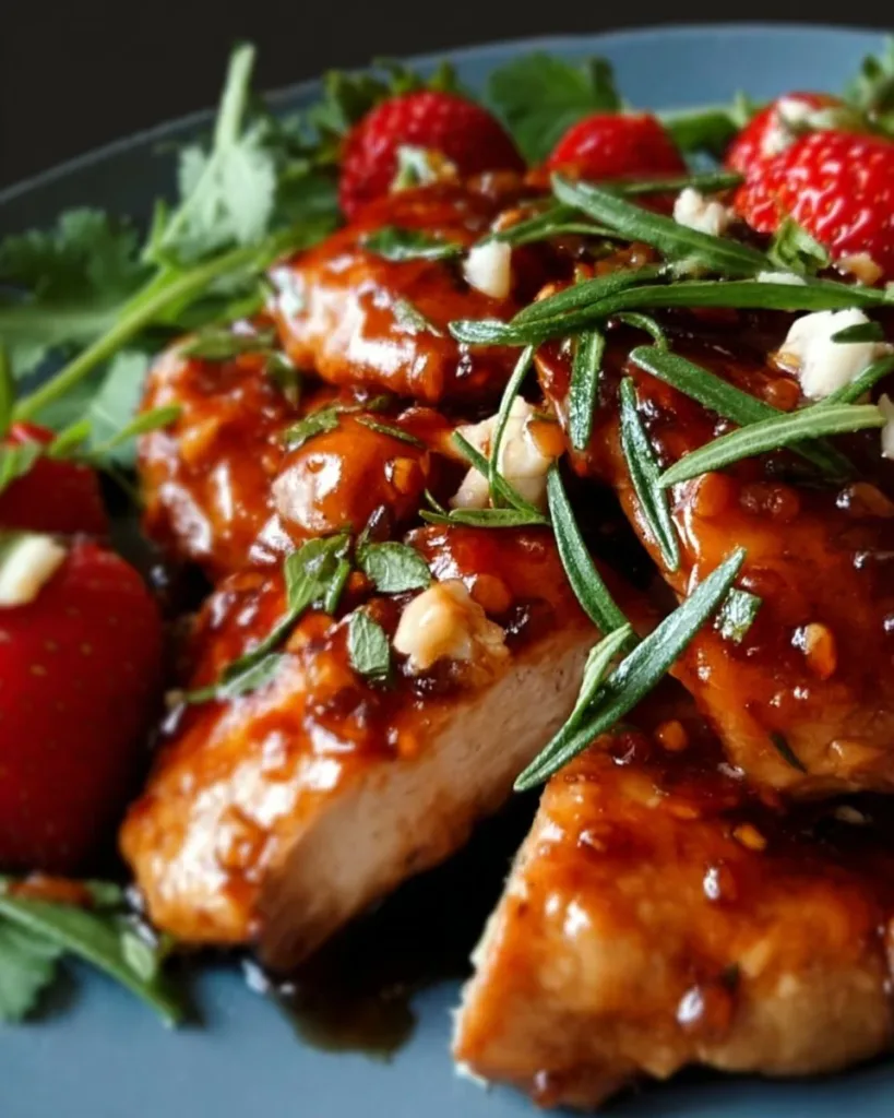 Strawberry Chicken Juicy strawberry chicken dish garnished with fresh strawberries and herbs.