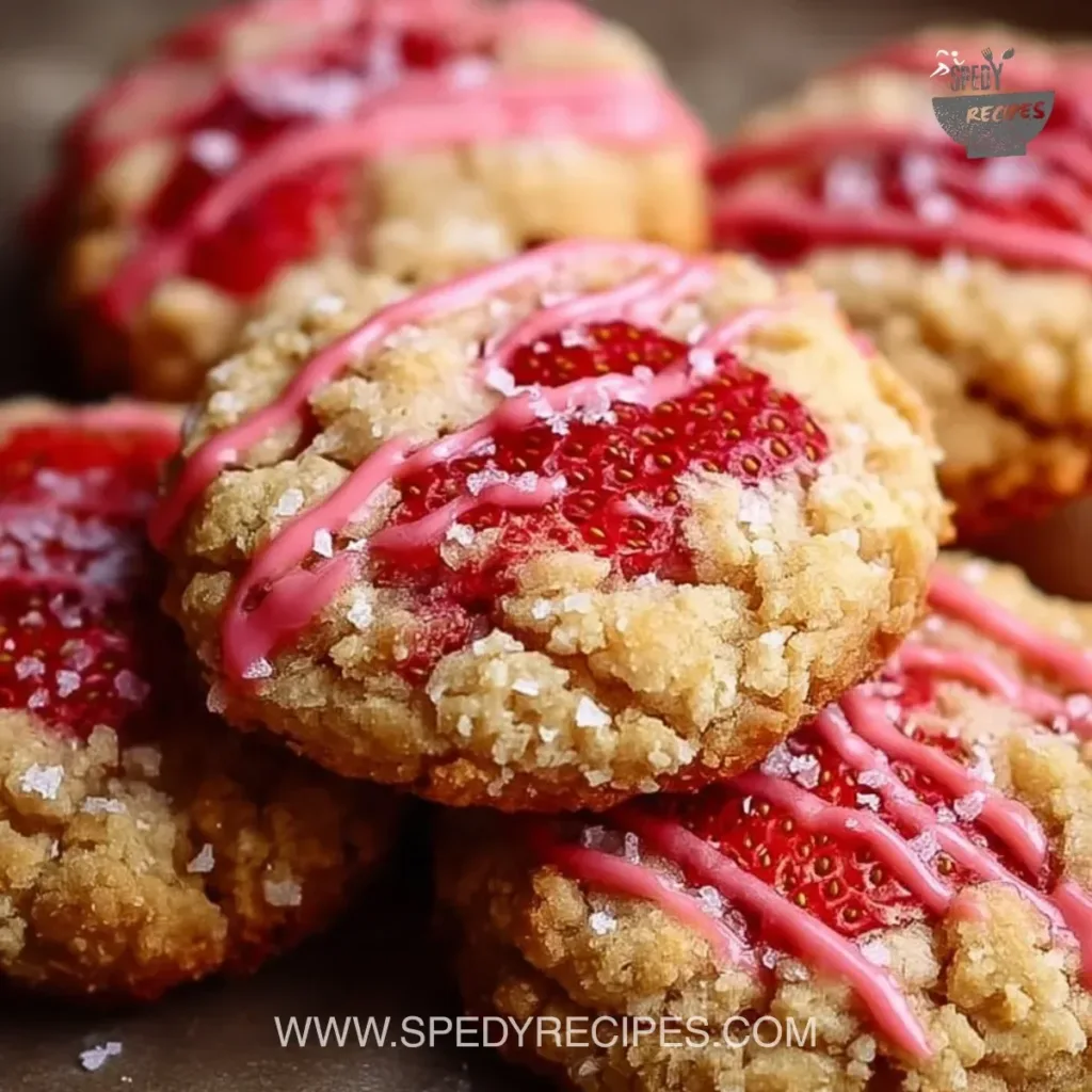 Delicious Strawberry Crunch Cookies on a plate with fresh strawberries