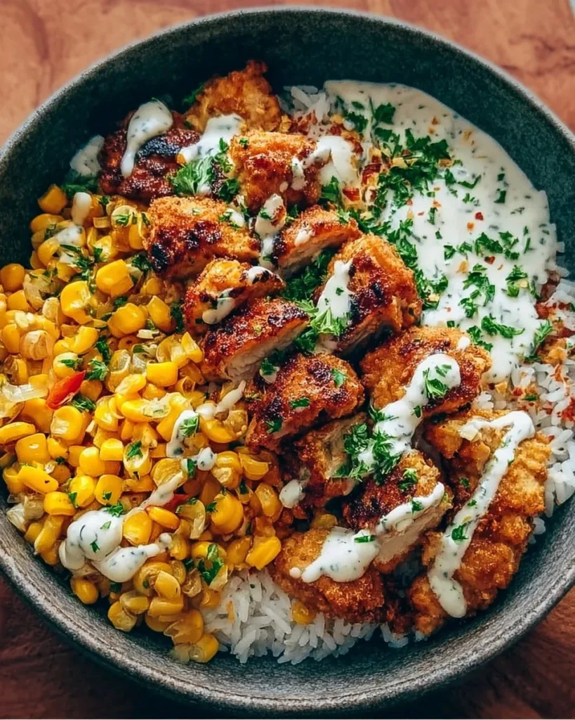 Street Corn Chicken Rice Bowl Delicious Street Corn Chicken Rice Bowl with vibrant toppings and rice