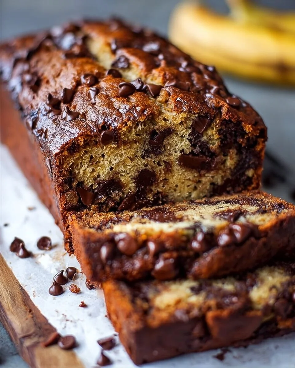 Super moist chocolate chip banana bread fresh out of the oven