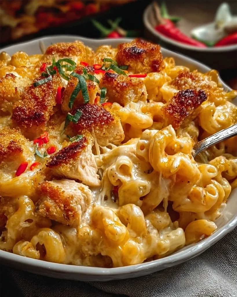 Sweet and spicy Honey Pepper Chicken Mac 'n' Cheese baked dish served in a bowl.