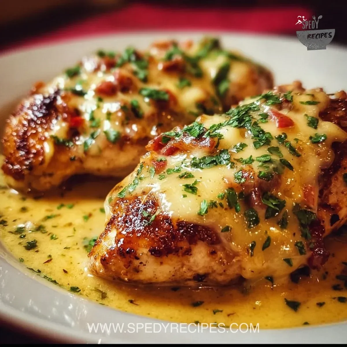 Texas Roadhouse Smothered Chicken topped with jack cheese and savory sauce
