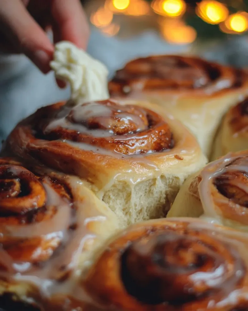 Freshly baked cinnamon rolls topped with creamy icing
