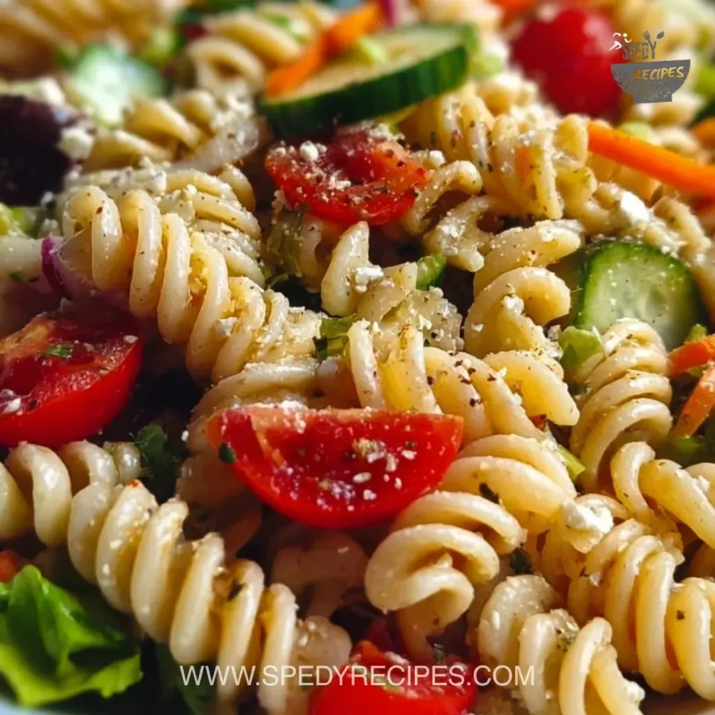 A colorful bowl of fresh pasta salad with Italian dressing and vegetables.