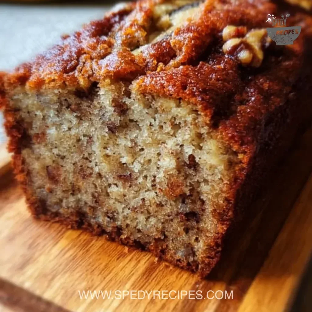 World’s Best Banana Bread Delicious slice of the world's best banana bread on a wooden table.