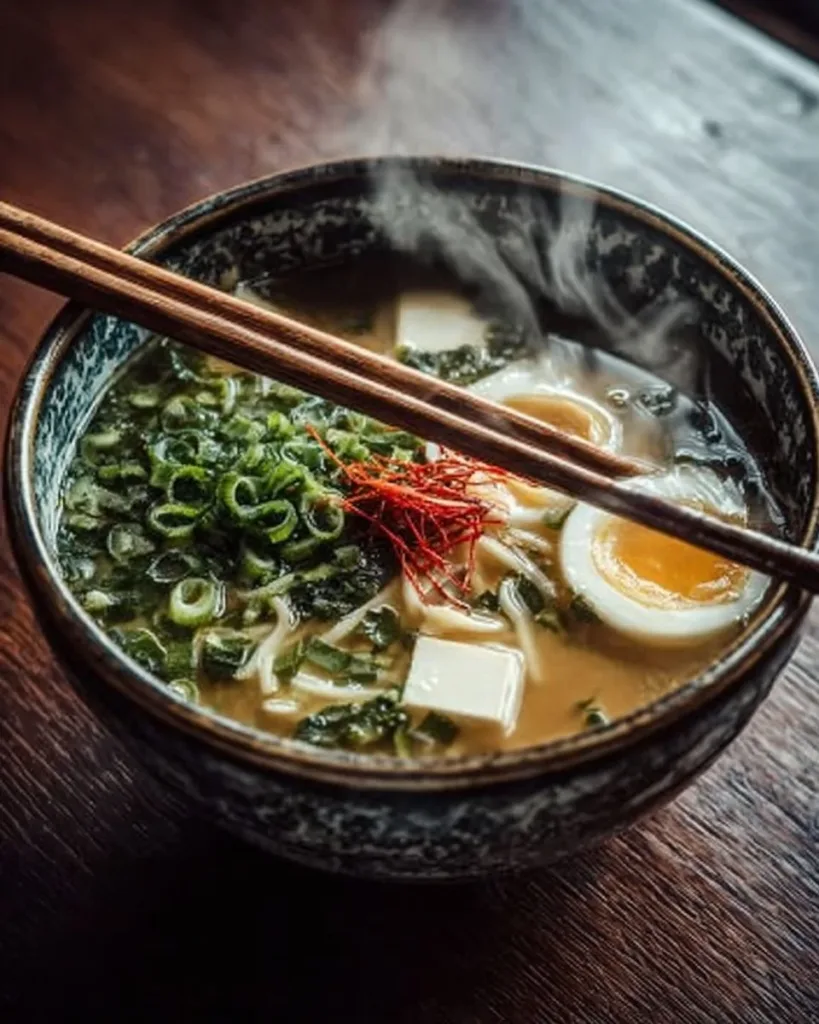 Bowls of delicious Japanese breakfast soup with fresh ingredients