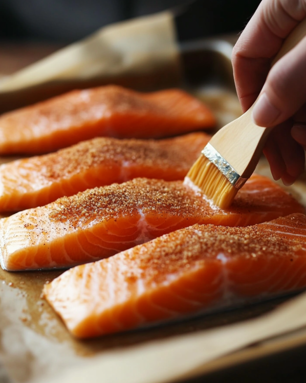Close Up Of Hands Brushing Garlic Butter Onto Raw Salmo