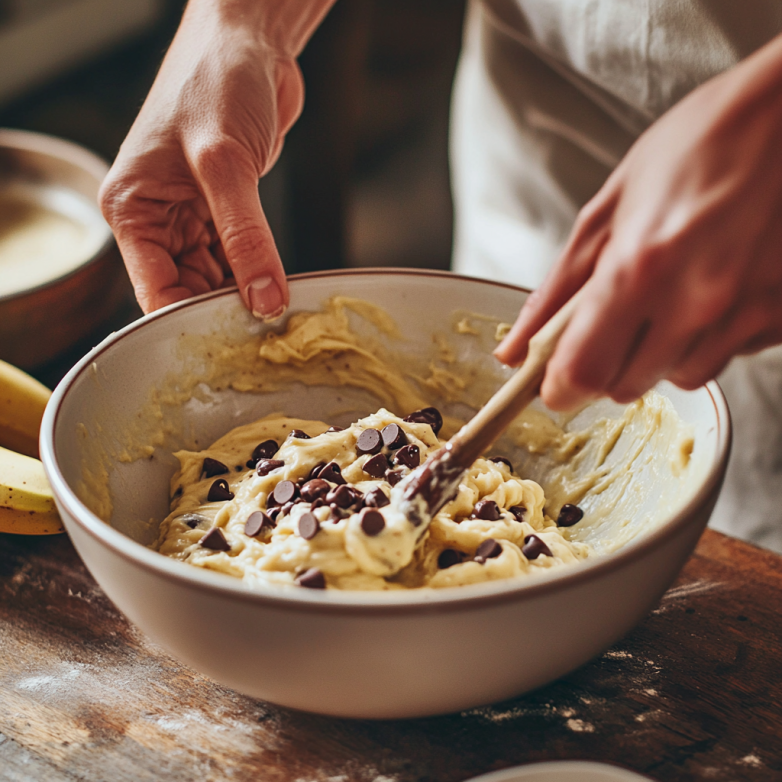 Close Up Of Hands Mashing Ripe Bananas In Mixing Bowl