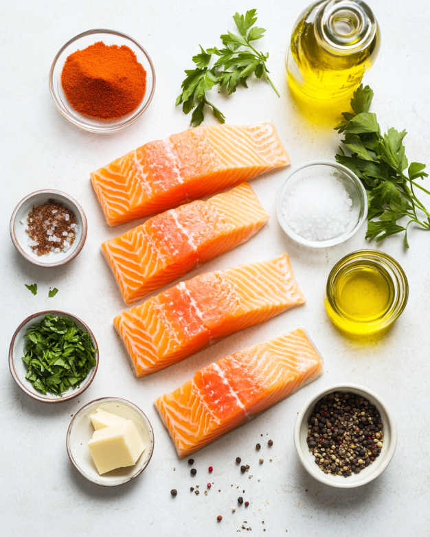 Overhead Flat Lay Of Ingredients For Oven Baked Salmon