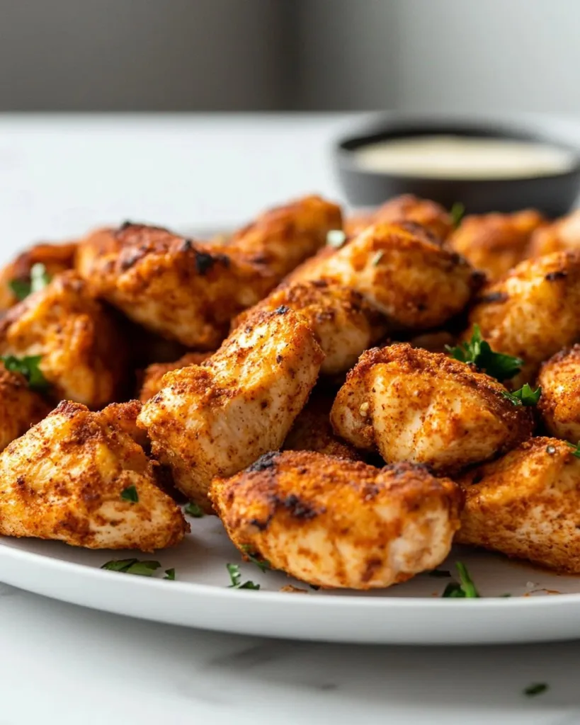 Crispy air fryer boneless chicken bites served with dipping sauce