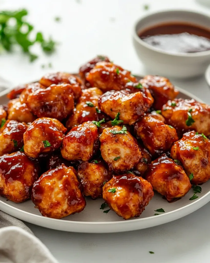 Air Fryer Honey BBQ Chicken Bites Delicious Air Fryer Honey BBQ Chicken Bites served on a plate