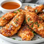 Crispy Air Fryer Honey Butter Garlic Chicken Tenders served with dipping sauce