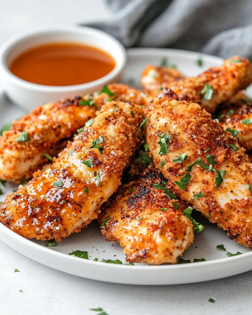 Air Fryer Honey Butter Garlic Chicken Tenders Recipe Crispy Air Fryer Honey Butter Garlic Chicken Tenders served with dipping sauce