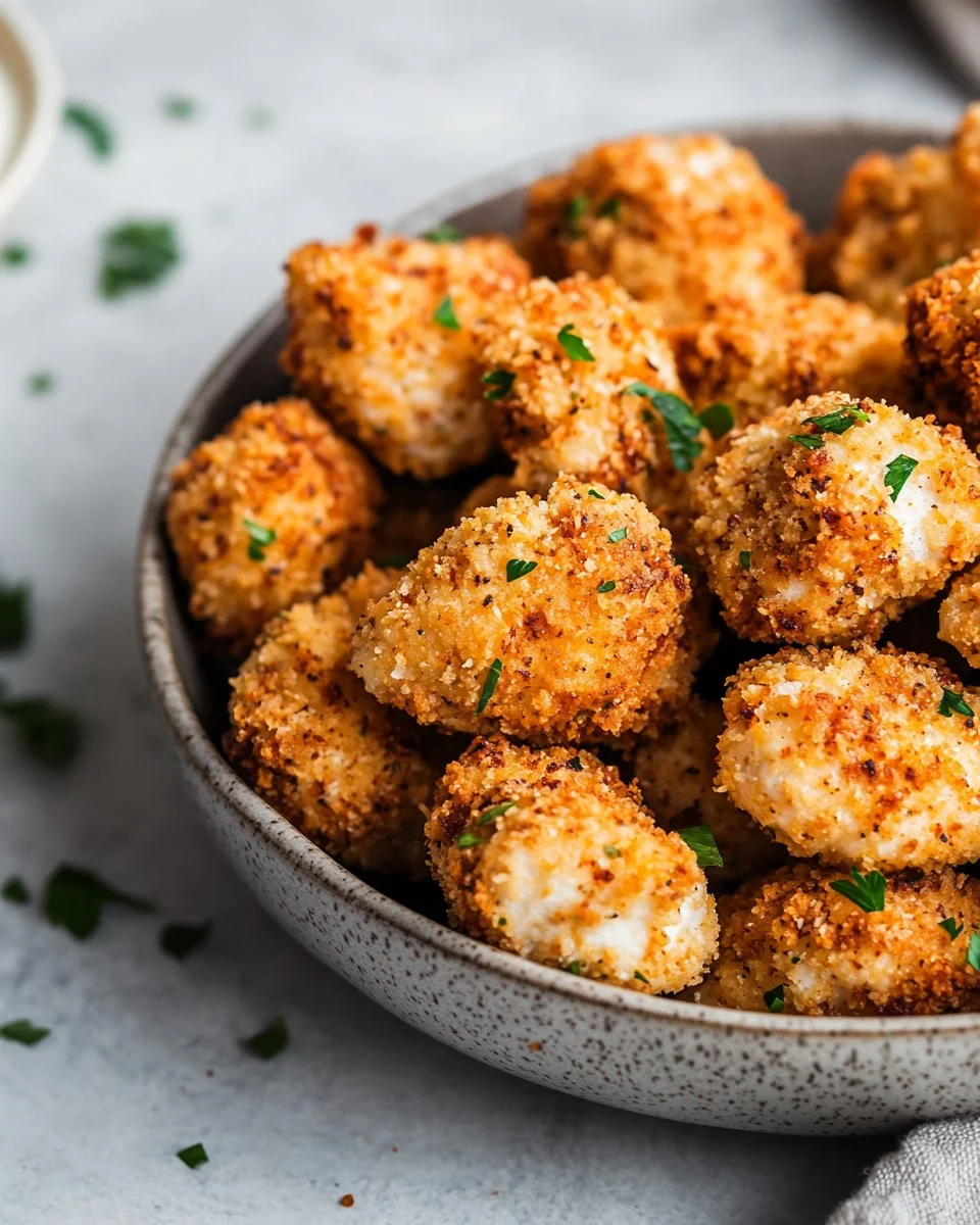 Air fryer ranch-crusted chicken bites served on a plate