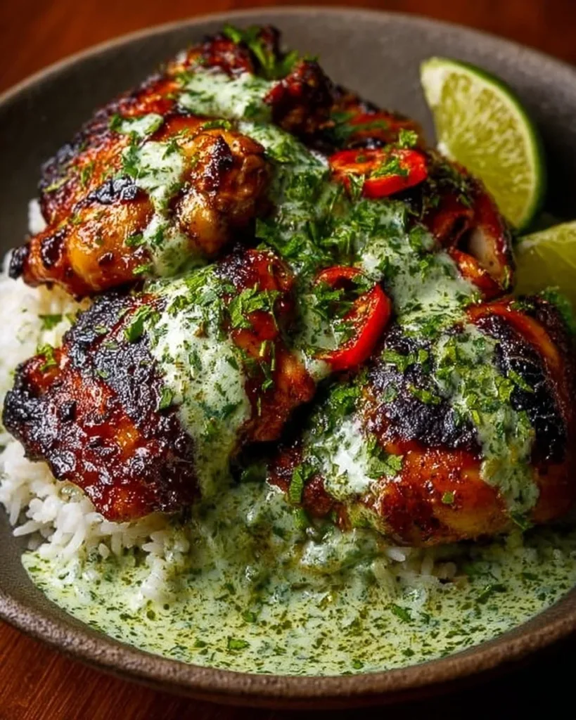 Delicious Peruvian chicken served with creamy green sauce on a white plate