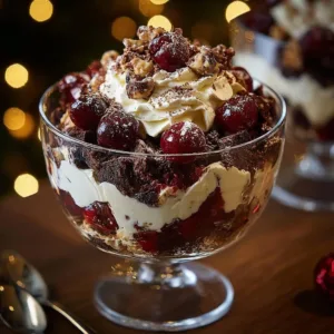 Delicious Black Forest Trifle with layers of chocolate, cherries, and whipped cream