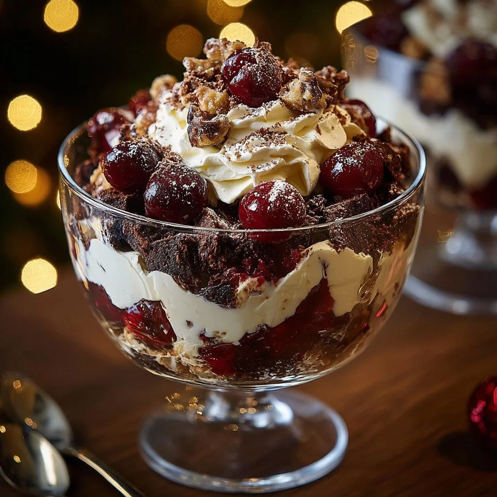 Black Forest Trifle Delicious Black Forest Trifle with layers of chocolate, cherries, and whipped cream