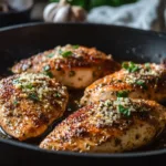 Blackstone Garlic Parmesan Chicken served on a plate with herbs