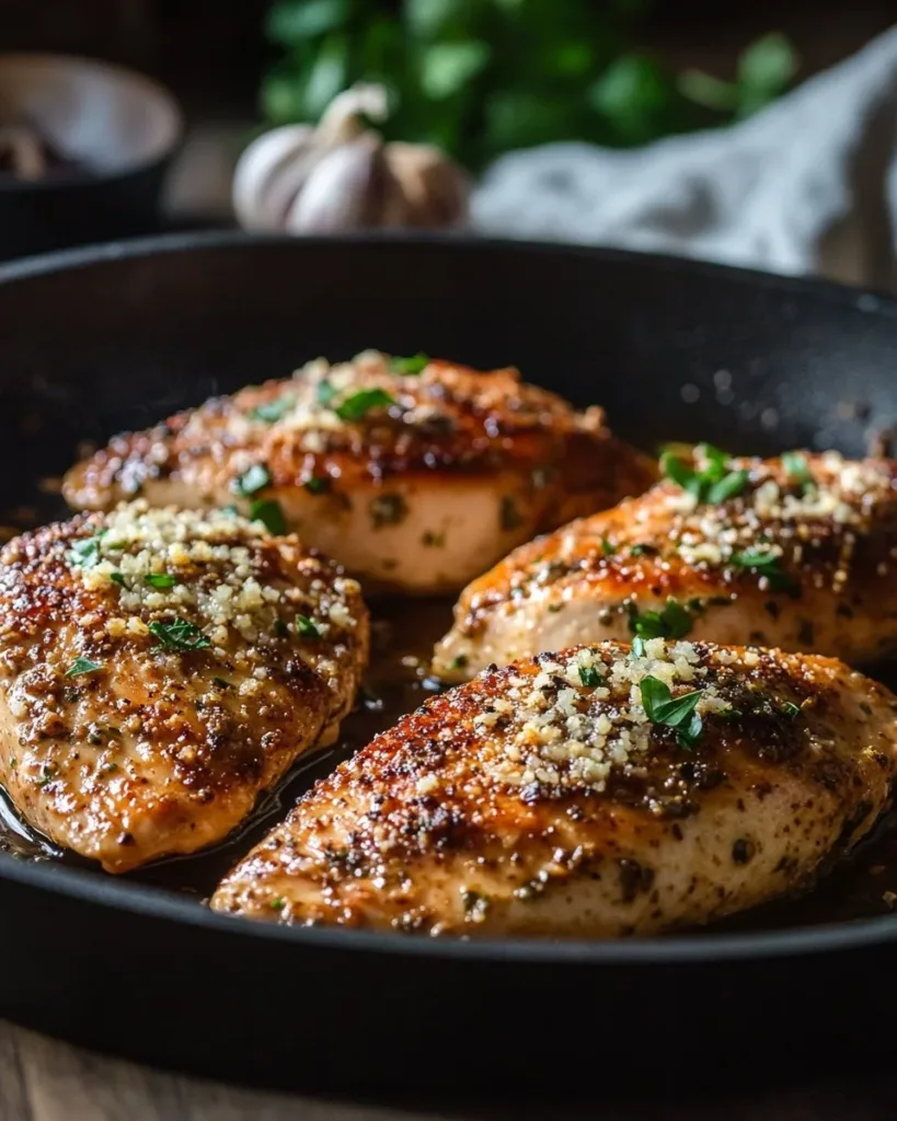 Blackstone Garlic Parmesan Chicken Blackstone Garlic Parmesan Chicken served on a plate with herbs