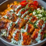Delicious Buffalo Chicken Bowl topped with fresh ingredients