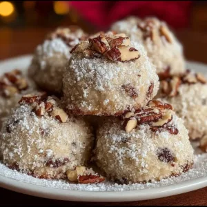 Buttery pecan snowball cookies dusted with powdered sugar on a plate