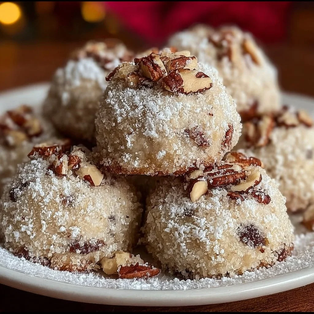 Buttery Pecan Snowball Cookies Buttery pecan snowball cookies dusted with powdered sugar on a plate