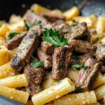 Cajun Steak Tips served with creamy Parmesan rigatoni pasta