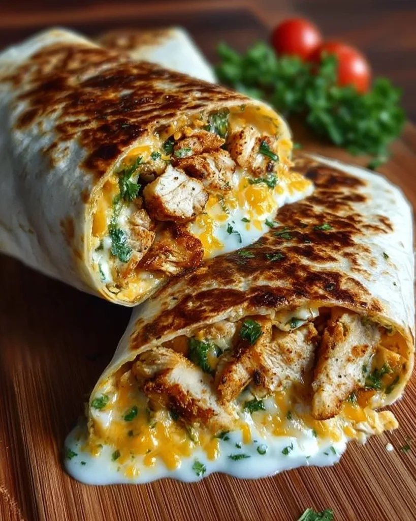 Cheesy Garlic Chicken Wraps Delicious cheesy garlic chicken wraps on a plate garnished with fresh herbs