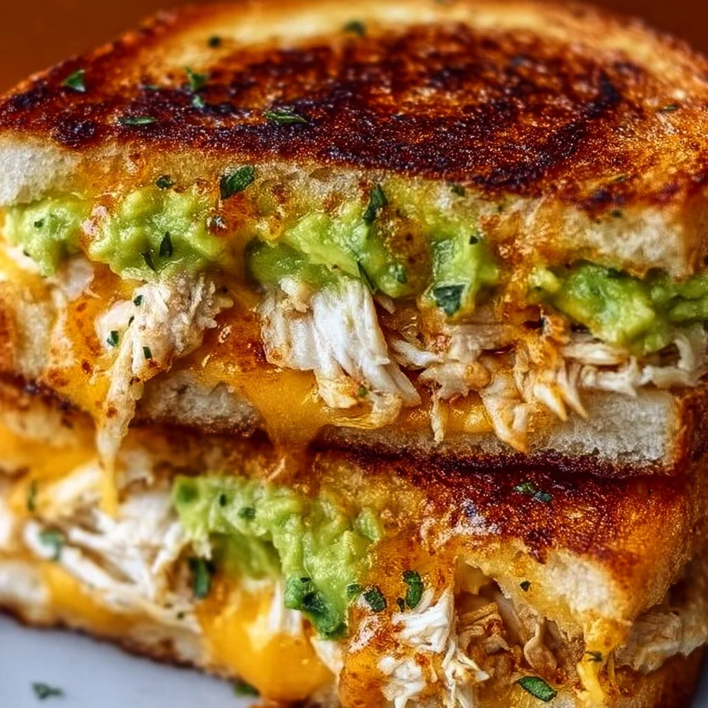 Chicken Avocado Melt Sandwich Delicious Chicken Avocado Melt Sandwich with chicken and avocado on toasted bread.