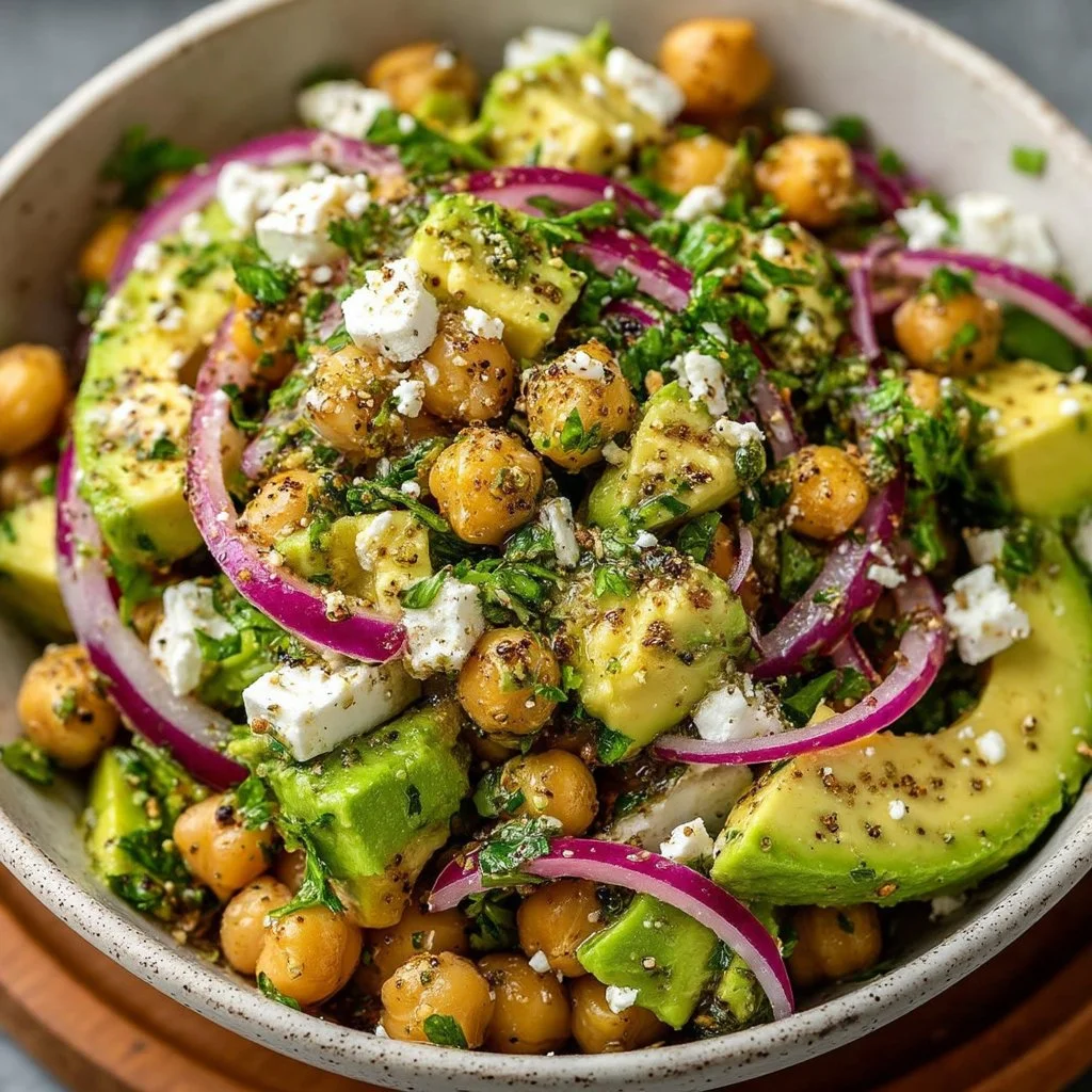 Chickpea Feta Avocado Salad Colorful Chickpea Feta Avocado Salad with fresh vegetables in a bowl.
