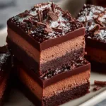 Delicious chocolate mousse brownies topped with creamy chocolate mousse.