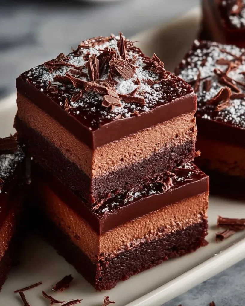 Delicious chocolate mousse brownies topped with creamy chocolate mousse.
