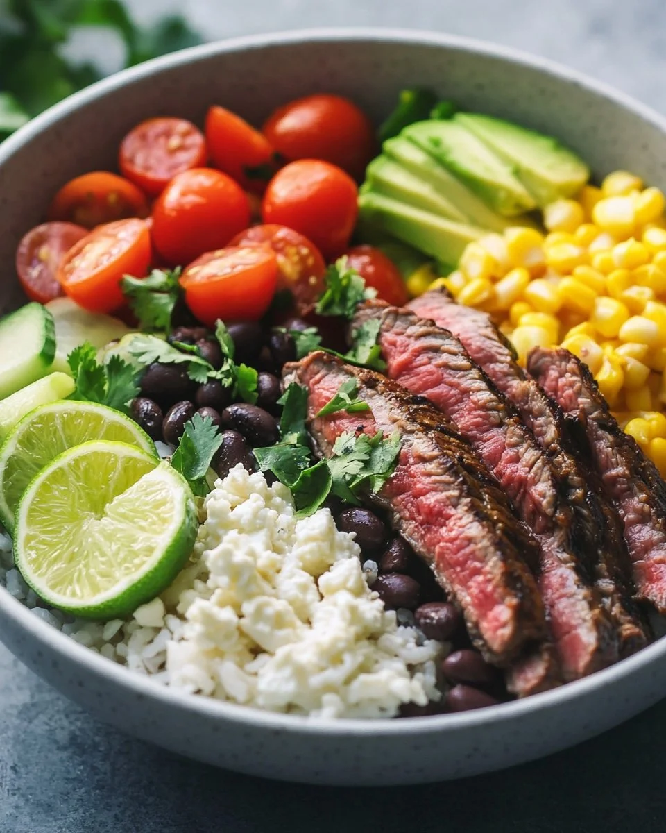 Cilantro lime steak bowls topped with fresh herbs and vegetables
