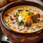 Bowl of creamy Cowboy Soup with vegetables and meat for a cozy dinner.