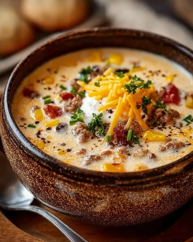 Bowl of creamy Cowboy Soup with vegetables and meat for a cozy dinner.